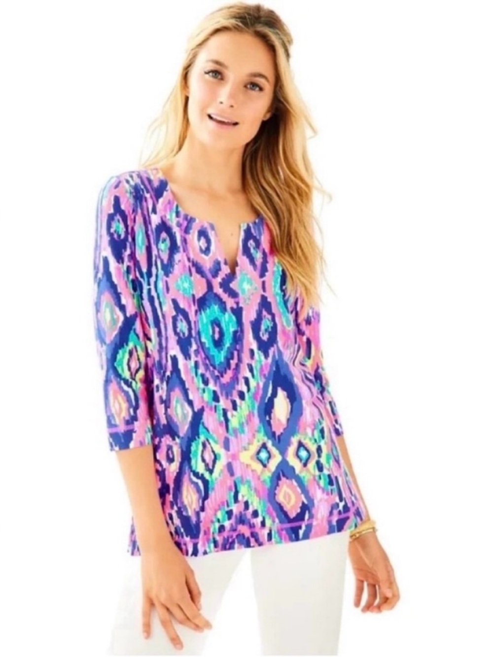 🩷💙 LILLY PULITZER Pink & Blue UPF 50+ Justina Luminescent Print Tunic Top-Size M